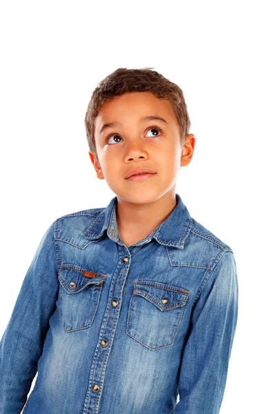 Lindo Niño Africano Feliz Camisa Mezclilla Aislado Sobre Fondo Blanco — Foto de Stock