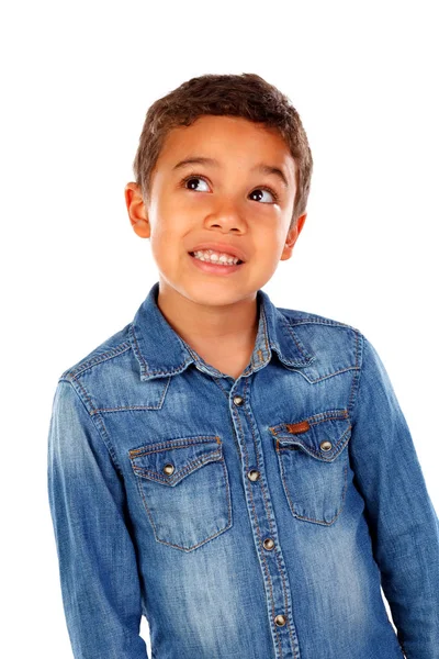Смешной Маленький Африканский Мальчик Джинсовой Рубашке Белом Фоне — стоковое фото