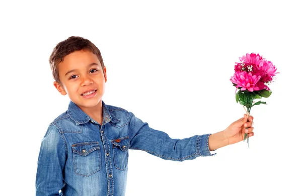 Cute Happy Little African Boy Denim Shirt Beautiful Bouquet Pink — Stock Photo, Image
