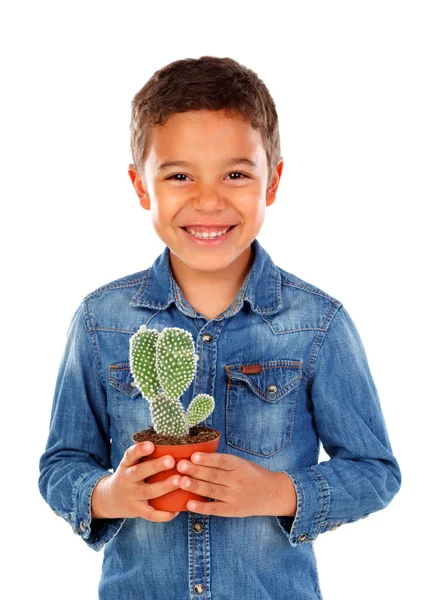 Cute Happy Little African Boy Denim Shirt Holding Cactus Isolated — Stock Photo, Image