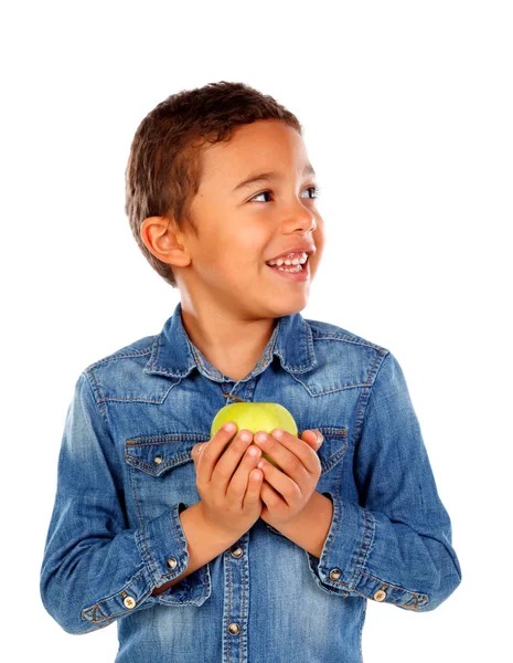 Cute Happy Little African Boy Denim Shirt Holding Apple Isolated — Stock Photo, Image