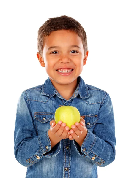 Lindo Niño Africano Feliz Camisa Mezclilla Sosteniendo Manzana Aislada Sobre — Foto de Stock