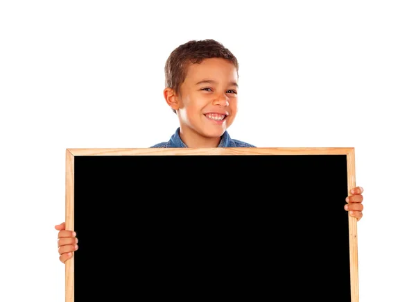 Счастливый Маленький Африканский Мальчик Джинсовой Рубашке Показывая Пустую Школьную Доску — стоковое фото