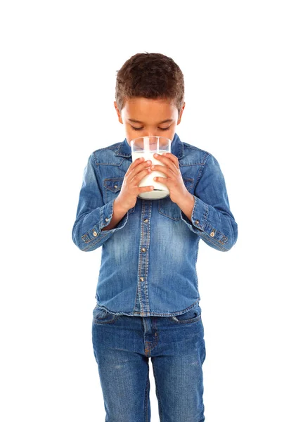 Cute Happy Little African Boy Denim Shirt Drinking Milk Isolated — Stock Photo, Image