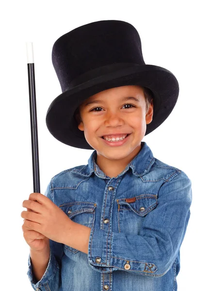 Cute African Boy Doing Magic Top Hat Magic Wand Isolated — Stock Photo, Image