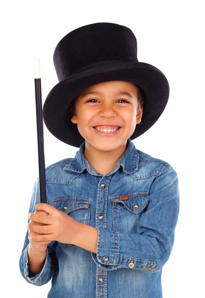 Lindo Chico Africano Haciendo Magia Con Sombrero Copa Varita Mágica —  Fotos de Stock