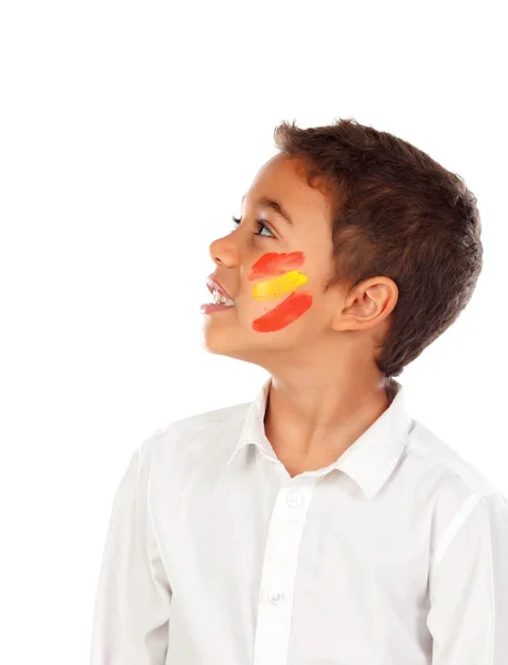 Portret Chłopca Afryki Kolory Hiszpańskiej Flagi Malowane Twarzy Białym Tle — Zdjęcie stockowe