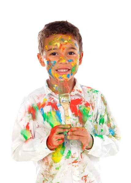 顔と手で変なアフリカの少年が白い背景に分離された塗料で覆われて — ストック写真
