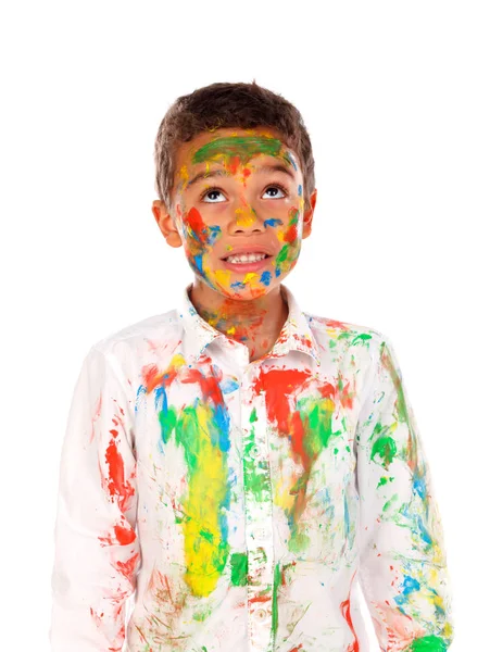 滑稽的非洲男孩用被隔绝的油漆的面孔在白色背景下 — 图库照片