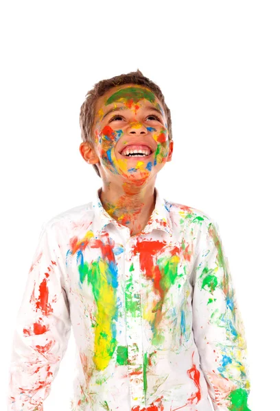 顔に変なアフリカの少年が白い背景に分離された塗料で覆われて — ストック写真
