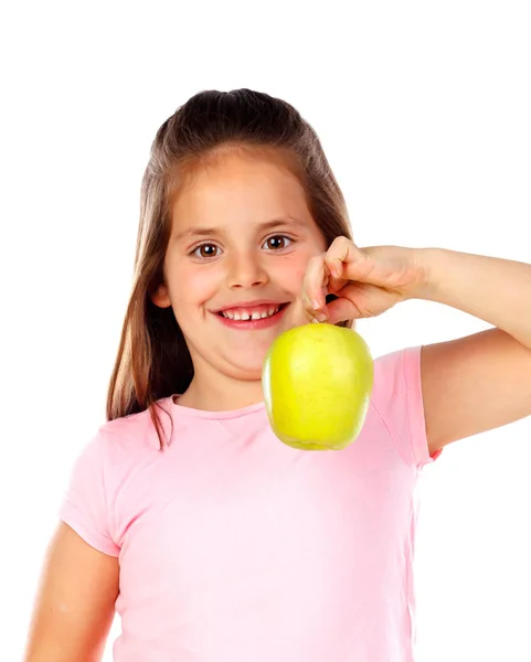 Lycklig Liten Flicka Håller Apple Isolerad Vit Bakgrund — Stockfoto