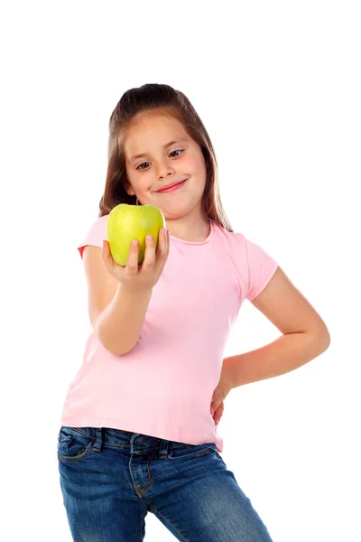 Lycklig Liten Flicka Håller Apple Isolerad Vit Bakgrund — Stockfoto