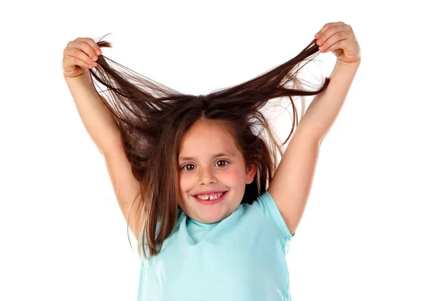 Divertente Bambina Mostrando Suoi Capelli Isolati Sfondo Bianco — Foto Stock