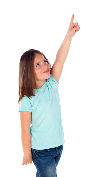 cute girl pointing with finger isolated white background