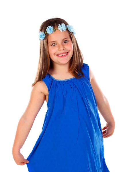 Mooi Meisje Met Blauwe Bloemen Krans Geïsoleerd Witte Achtergrond — Stockfoto