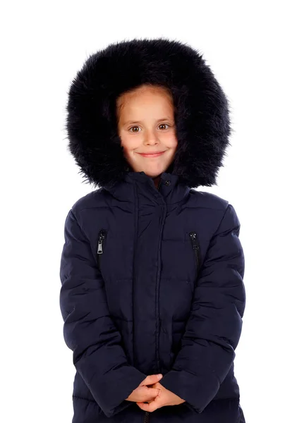 黒コートと白い背景で隔離のフードと幸せな女の子 — ストック写真