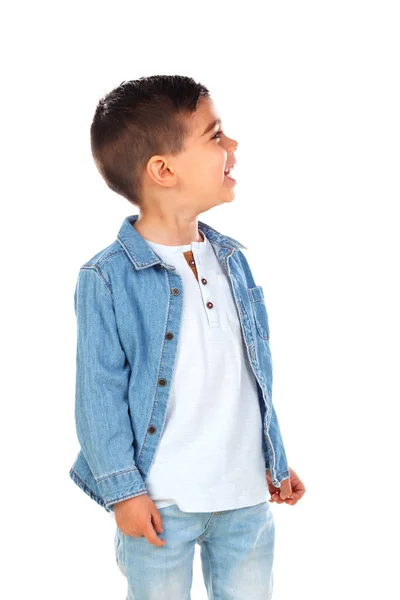 Carino Bambino Camicia Jeans Cercando Isolato Sfondo Bianco — Foto Stock