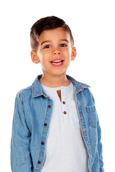 Petit Garçon Souriant Chemise Denim Isolé Sur Fond Blanc — Photo