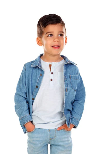 Niño Sonriente Camisa Mezclilla Aislado Sobre Fondo Blanco —  Fotos de Stock