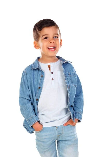 Улыбающийся Мальчик Джинсовой Рубашке Белом Фоне — стоковое фото