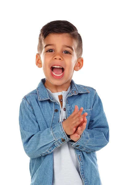 Garotinho Sorridente Camisa Jeans Isolado Fundo Branco — Fotografia de Stock