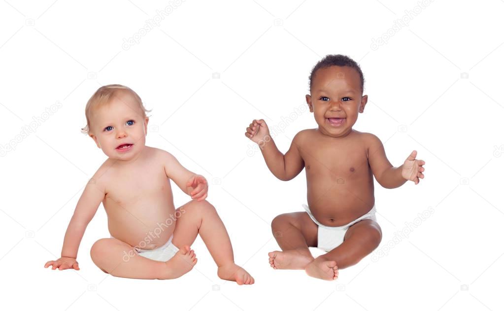 two funny and happy babies  isolated on white background