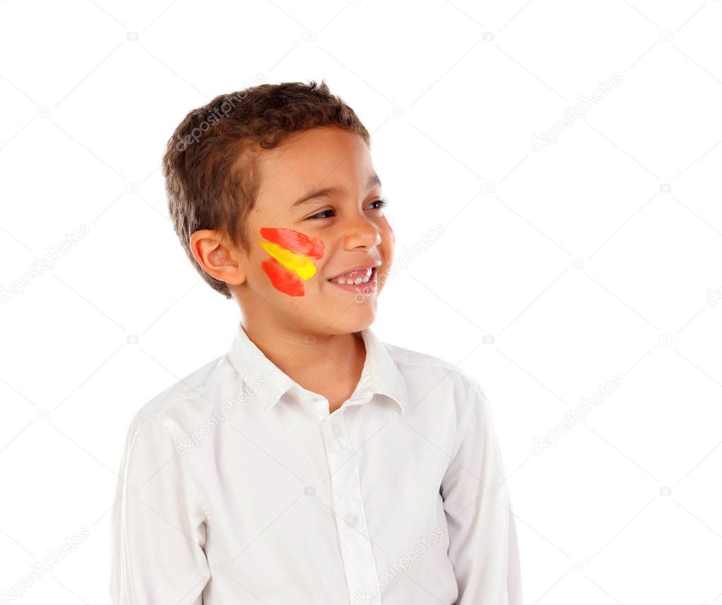 Portrait Little African Boy Spanish Colors Flag Painted Face Isolated