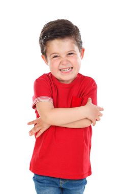 Beyaz arka plan üzerinde izole kırmızı t-shirt geçti silah ile şirin komik çocuk