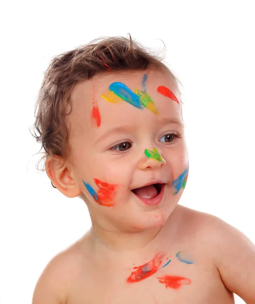 可爱的快乐男孩与凌乱的脸覆盖在白色背景上的油漆隔离 — 图库照片