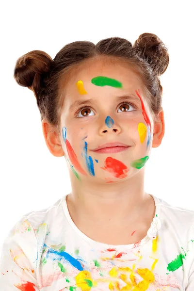 Rolig Tjej Med Ansikte Täckt Med Färg Isolerad Vit Bakgrund — Stockfoto