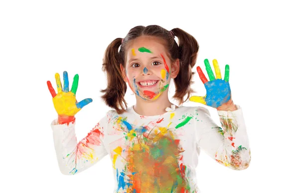 Zabawna Dziewczyna Rąk Twarzy Pokryte Farbą Białym Tle — Zdjęcie stockowe