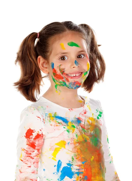 Menina Engraçada Com Rosto Coberto Com Tinta Isolada Fundo Branco — Fotografia de Stock