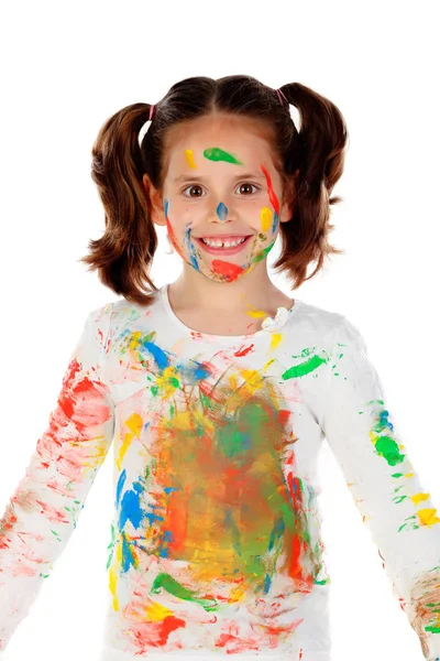 Menina Engraçada Com Rosto Coberto Com Tinta Isolada Fundo Branco — Fotografia de Stock