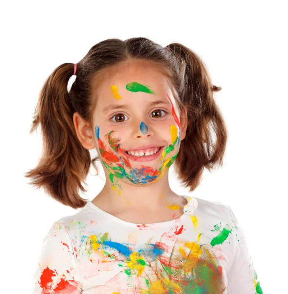 Menina Engraçada Com Rosto Coberto Com Tinta Isolada Fundo Branco — Fotografia de Stock