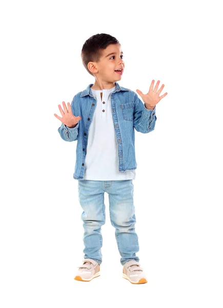 Beyaz Arka Plan Üzerinde Izole Denim Giyim Gülümseyen Küçük Çocuk — Stok fotoğraf