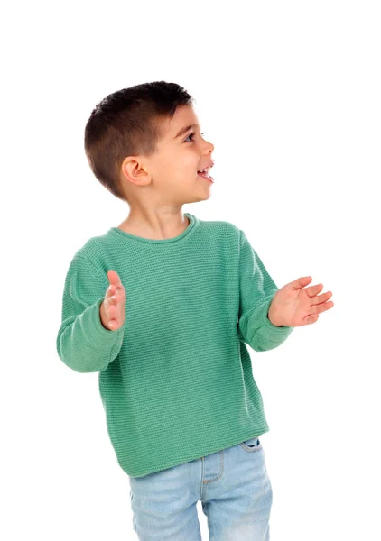 Leende Liten Pojke Gröna Kläder Isolerad Vit Bakgrund — Stockfoto
