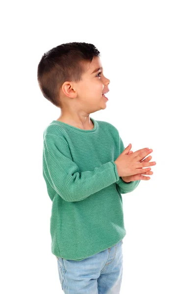 Sorrindo Menino Roupas Verdes Palmas Mãos Isoladas Fundo Branco — Fotografia de Stock