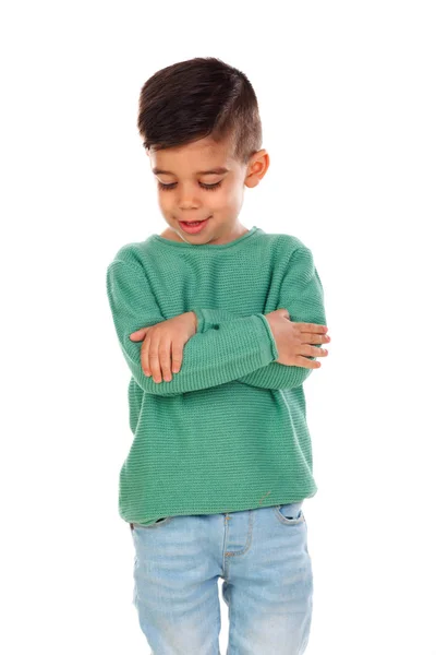 Niño Sonriente Con Ropa Verde Aislado Sobre Fondo Blanco — Foto de Stock