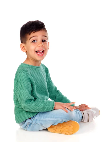 Sorridente Ragazzino Abiti Verdi Isolato Sfondo Bianco — Foto Stock