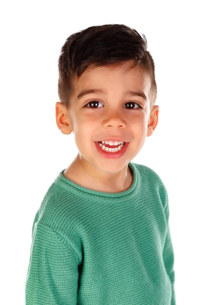 Улыбающийся Мальчик Зеленой Одежде Белом Фоне — стоковое фото