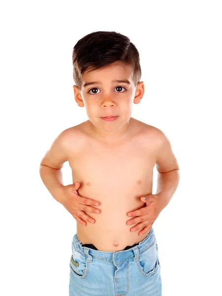 Sem Camisa Menino Bonitinho Isolado Fundo Branco — Fotografia de Stock