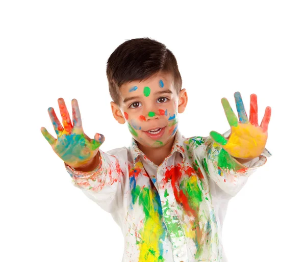 Zabawny Chłopak Twarzy Pokryte Farbą Patrząc Ręce Białym Tle — Zdjęcie stockowe