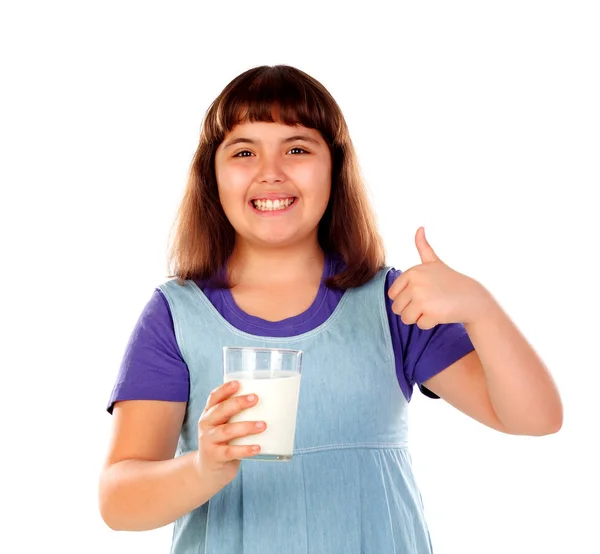 Bonito Menina Segurando Vidro Leite Isolado Fundo Branco — Fotografia de Stock