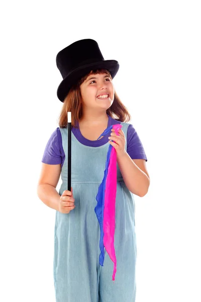 漂亮的小女孩做魔术与顶帽子 魔术棒和彩色布隔离白色背景 — 图库照片