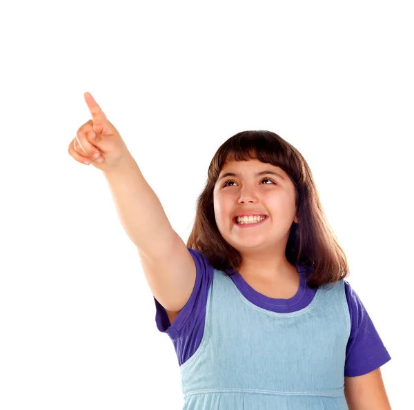 Bonito Sorrindo Menina Apontando Com Dedo Isolado Fundo Branco — Fotografia de Stock