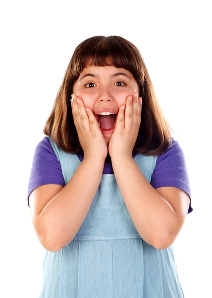 Carino Sorpreso Bambina Denim Vestiti Isolati Sfondo Bianco — Foto Stock