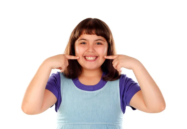 Bonito Sorrindo Menina Mostrando Dentes Isolados Fundo Branco — Fotografia de Stock