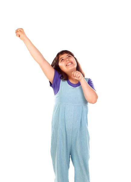 Милая Улыбающаяся Маленькая Девочка Празднует Поднимает Руки Изолированы Белом Фоне — стоковое фото
