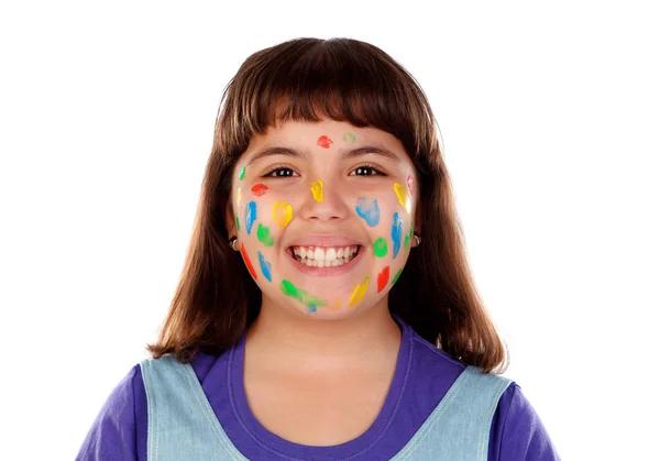 Menina Engraçada Com Rosto Coberto Com Tinta Isolada Fundo Branco — Fotografia de Stock