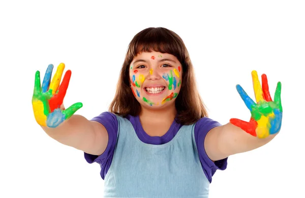 Αστείο Κορίτσι Πρόσωπο Και Χέρια Που Καλύπτονται Χρώμα Που Απομονώνονται — Φωτογραφία Αρχείου